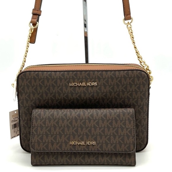 Michael Kors Large EW Crossbody Bag & Large Trifold Wallet Brown/ Gold - Picture 1 of 13
